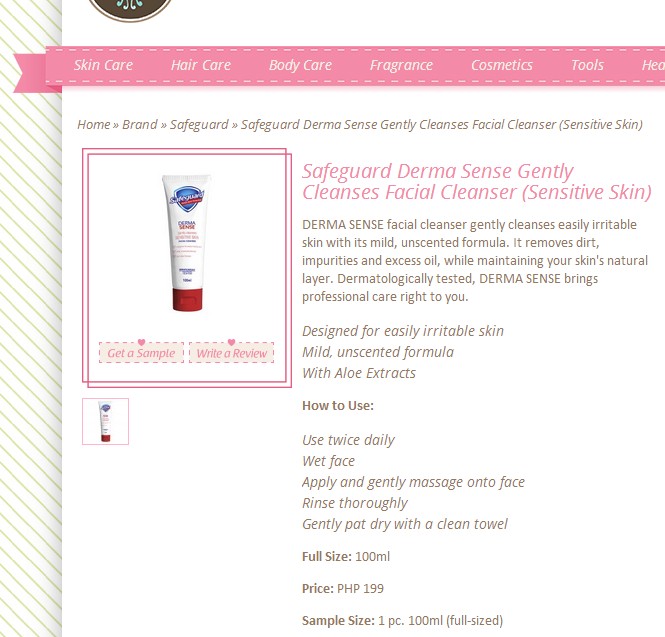 screenshot in sample room safeguard derma sense gently cleanses sensitive skin facial cleanser